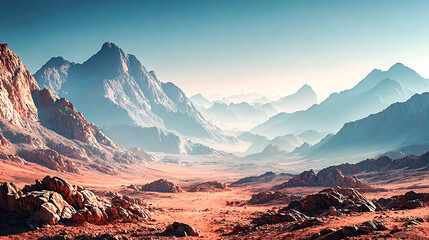 Vast arid rocky desert valley with hazy mountains