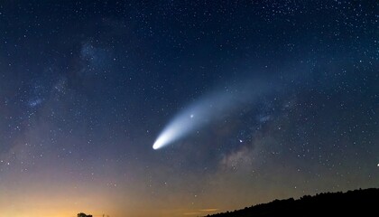 A bright comet streaks across a dark, starlit sky, with its luminous tail creating a spectacular celestial display