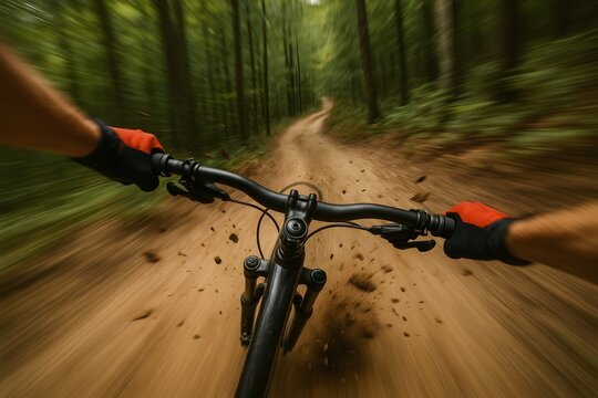 Mountain Biker Riding Fast on Trail in Forest