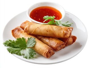 Crispy spring rolls on a white plate with a side of dipping sauce.  Fresh cilantro garnish