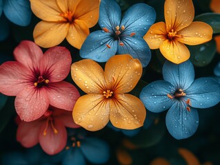 Vibrant Symphony of Nature's Hues: A Close-Up of Dew-Kissed Blue, Golden Yellow, and Soft Coral Flowers with Delicate Water Droplets on Lush Greenery