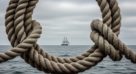 Nautical knot framing a distant sailing ship on the ocean.