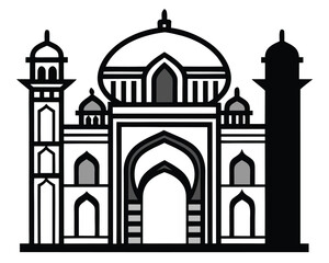 Elegant black and white line art of a vintage mosque gate with intricate architectural details