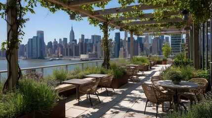 Rooftop terrace with seating and greenery overlooking city skyline and waterfront view