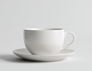 Single white coffee cup and saucer on a plain background