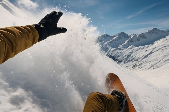 Snowboarder carving down a snowy mountain slope