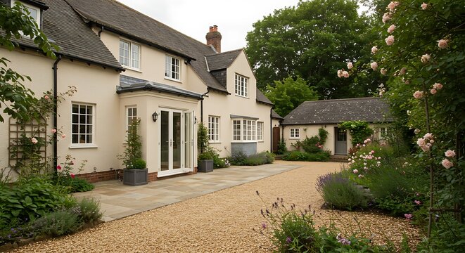 UK house and garden with patio and French doors. Cottage or courtyard garden (backyard) with gravel and York stone paving