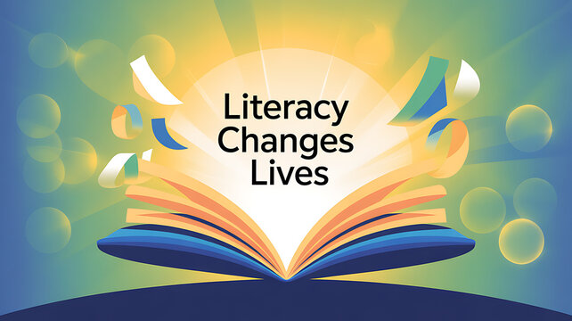 An open book with radiant light and floating pages symbolizing the transformative power of literacy.