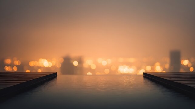 Luxury rooftop pool bar blurred misty evening city glow