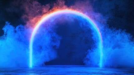 Neon archway through smoke