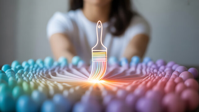A glowing paintbrush hovers over a colorful spiral of spheres, with a person in the background.