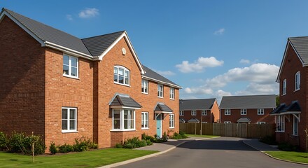 Houses in England with typical red bricks on a sunny day - View of a new estate with typical British houses under a blue sky - Real estate and buildings concepts in UK