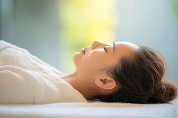 Peaceful woman lying on spa table with white towel in bright natural light, ideal for wellness campaigns, beauty spa ads, and relaxation therapy marketing visuals