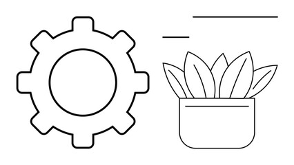 Gear alongside a potted plant in minimalist line art, suggesting harmony between industry and nature. Ideal for innovation, balance, growth, sustainability, progress, teamwork adaptability. Simple