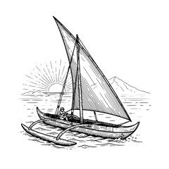 Traditional sailboat sailing on ocean waves outline