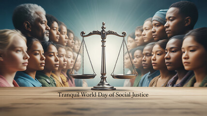 Diverse group of people standing behind a balanced scale symbolizing social justice on World Day of Social Justice