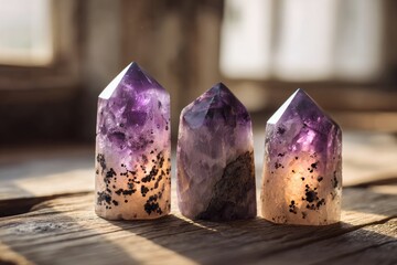 Three beautiful polished amethyst crystal points glowing in warm sunlight on a rustic wooden surface.