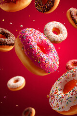 A vibrant display of flying donuts with colorful sprinkles against a red background