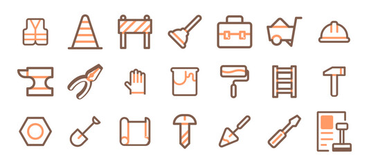 Collection of vector line icons of hand tools and instruments. construction worker tools icon set
