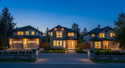 Great neighborhood. Luxury houses with nicely paved doorway at dusk, night time in suburbs of Vancouver, Canada.