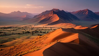 Sunrise over desert dunes and mountains. Vast, colorful landscape at dawn. Desert, mountains, dunes, sunrise, rich colors