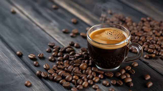 A steaming cup of espresso surrounded by coffee beans on a dark wooden surface