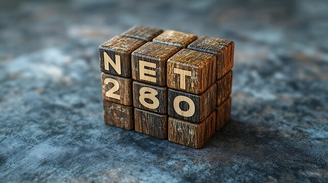 Close up of wooden cube with net and the numbers two eight zero on a textured gray blue surface