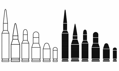 Vector ammunition set showing different bullet calibers in outline and silhouette. cartridge icon for military, firearm, weapon, war, hunting, and ballistic design.