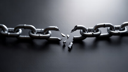 Obraz premium A metallic chain broken in the middle with shattered links on a dark surface
