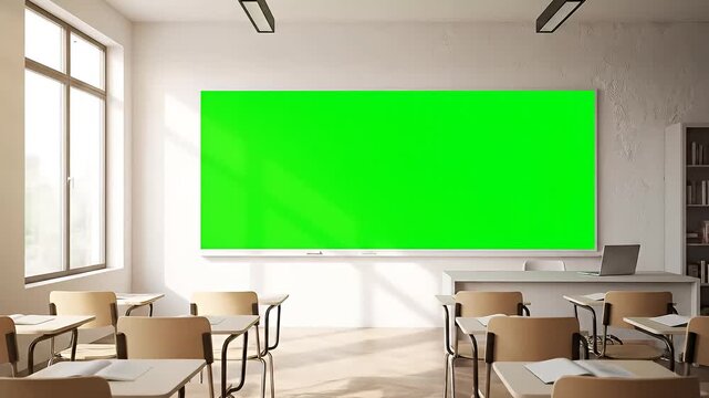 Empty classroom with green screen whiteboard and desks