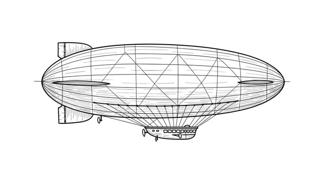 Detailed black and white sketch of vintage airship design