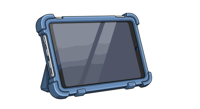 Tablet in protective blue case, illustration on white background