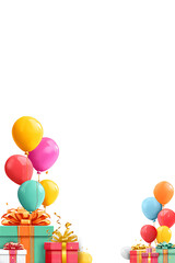 Colorful balloons and gift boxes arranged for a festive celebration on a white background