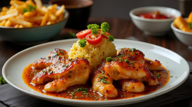 Grilled chicken with rice and vegetables on a white plate  