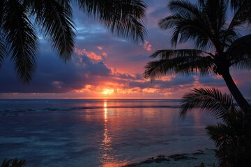 Fototapeta premium Tropical Sunset Serenity - Palm-Framed Golden Hour Over the Ocean.