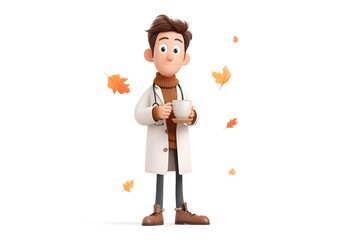 family doctor with a stethoscope, holding a cup of hot tea with falling autumn leaves floating around, cozy seasonal mood, 3d animation, isolated on a white background