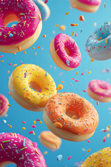 Colorful donuts with sprinkles floating against a vibrant blue background, creating a playful scene