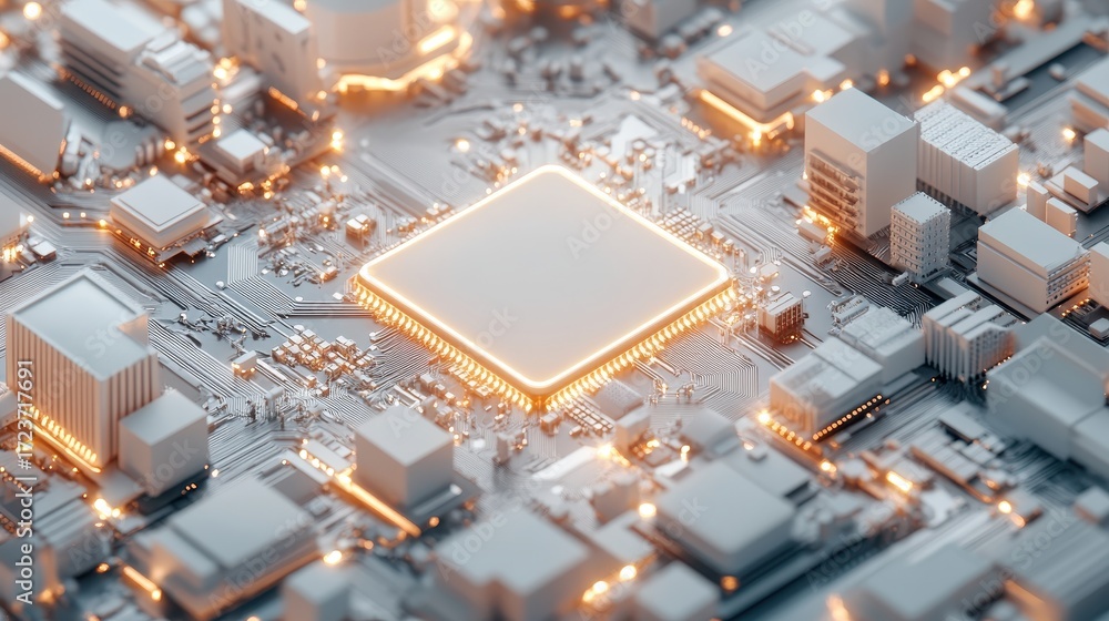 Poster detailed circuit board with glowing central processor and intricate electronic components creating a