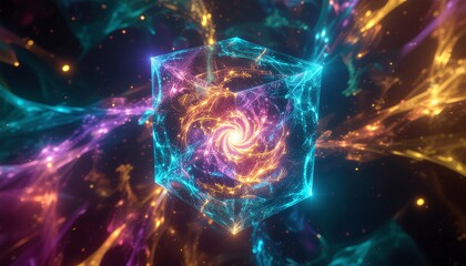 A vibrant cosmic nebula surrounds a glowing, ethereal cube with a swirling vortex at its center, emanating colorful energy.