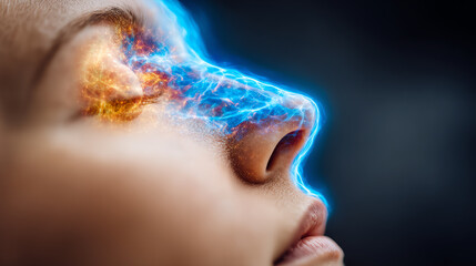 Obraz premium A close-up of a serene face with visual bursts of energy and color, representing inner thoughts, emotions, and personal reflection.