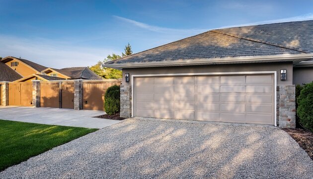 modern suburban house with sleek lines features a beautiful exposed aggregate concrete surface driveway and locked garage door accentuated