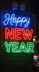 A vibrant neon sign displaying the words happy new year in blue, red, and green against a dark brick wall creating a festive atmosphere