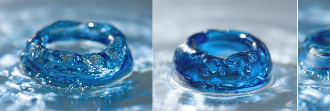 Close-up of a ring-shaped water droplet impacting a liquid surface.  Three stages of a splash are visible, showing the initial impact and subsequent distortion and dispersal
