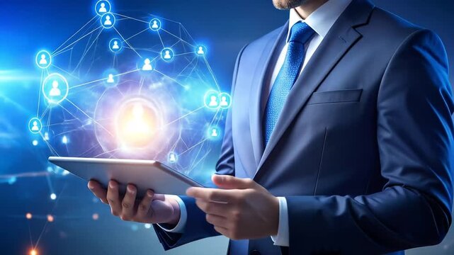 Professional man using tablet showing social network connections conceptual business technology - Powered by Adobe