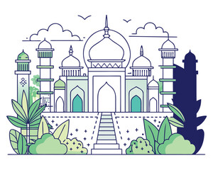 Intricate outline illustration of a lush jungle landscape with mughal architectural elements and vibrant flora