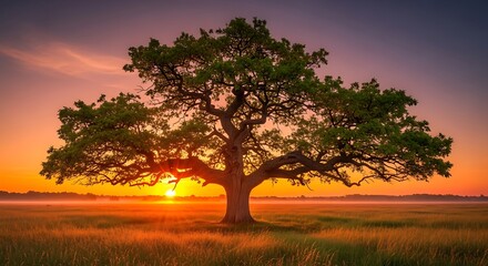 Fototapeta premium Majestic Oak Tree Silhouette Against a Vibrant Sunset Sky in a Serene Meadow.