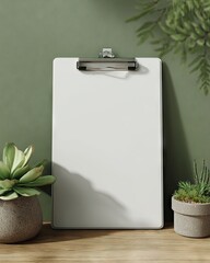 Blank Clipboard Mockup with Potted Plants on a Wooden Desk.