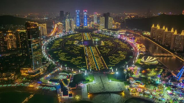 Overlooking Dalian Coastal Xinghai Square at night