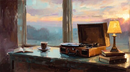 Sunrise view from window, vintage record player