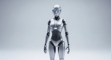 Futuristic humanoid robot standing against a stark white background in a studio lighting setup